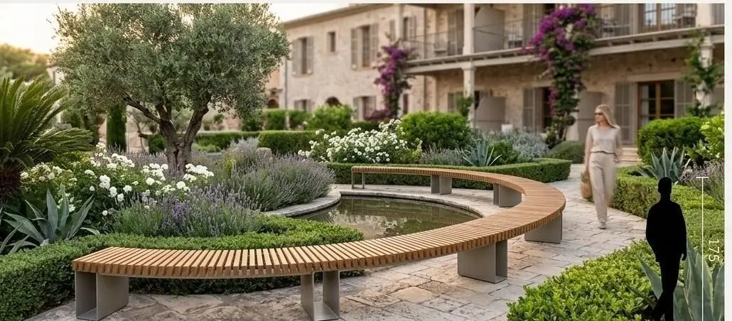 The Orbit Curved Bench — Garden court · Landscape furniture